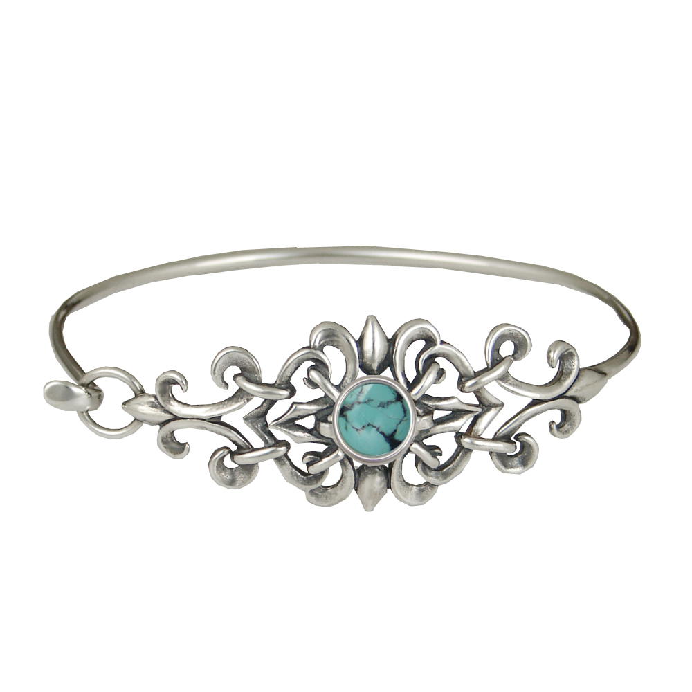 Sterling Silver Filigree Strap Latch Spring Hook Bangle Bracelet With Chinese Turquoise